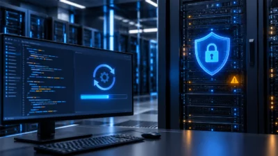 Vulnerabilidade do PHP: servidores e monitor com símbolos de atualização e proteção digital.
