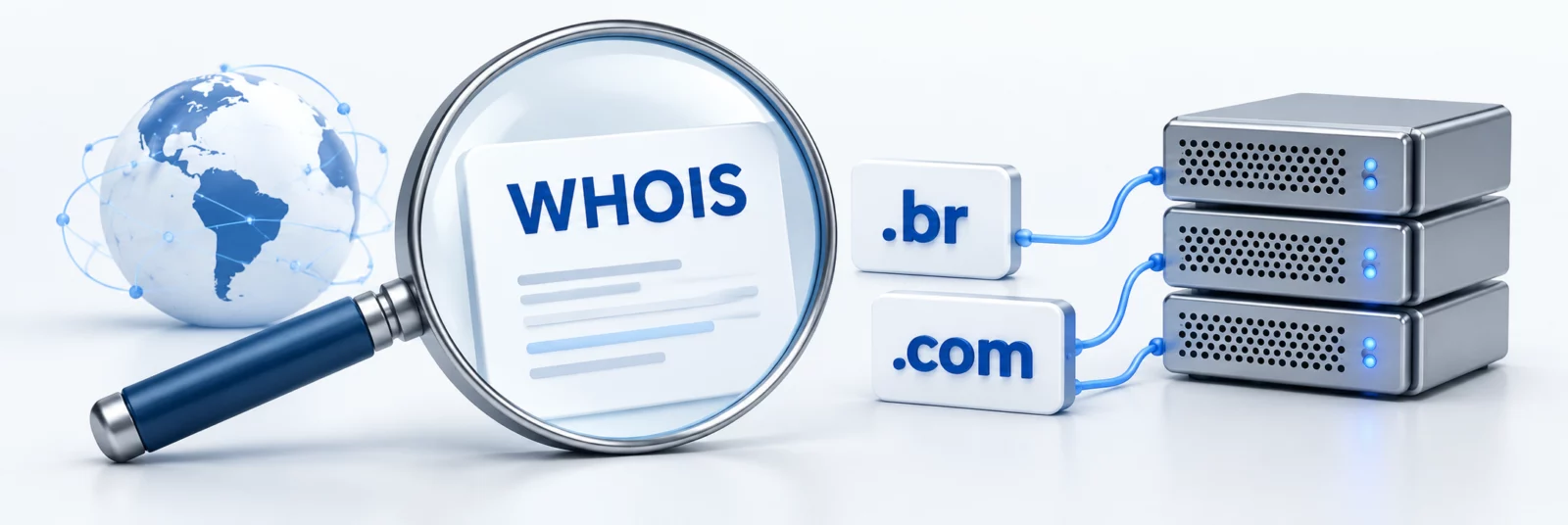 Consulta WHOIS de domínios .br e .com, representada por uma lupa e servidores de registro