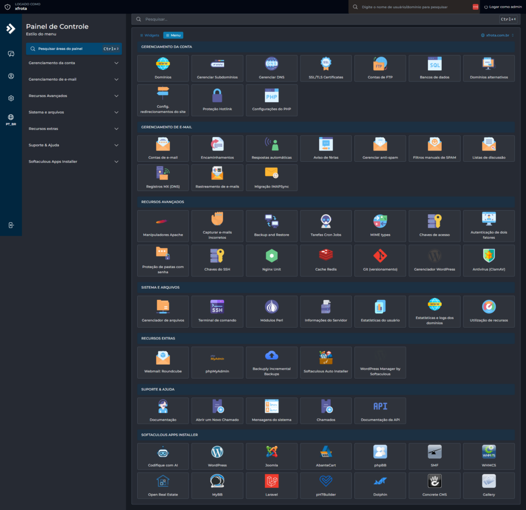 Painel DirectAdmin da XFROTA em português, com ferramentas de hospedagem, e-mail, Redis e WordPress