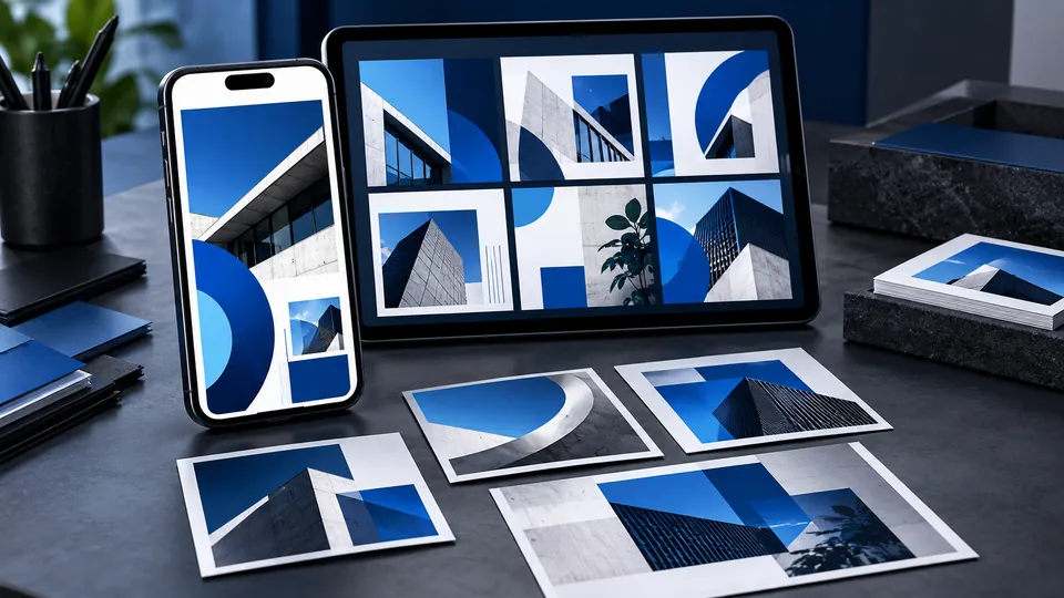 Ilustração de artes para redes sociais em celular e tablet, em tons de azul
