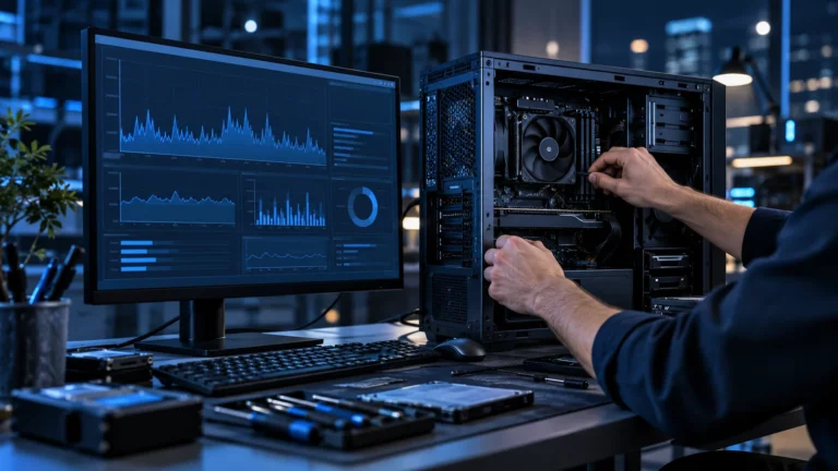 Computador empresarial em diagnóstico de desempenho e componentes