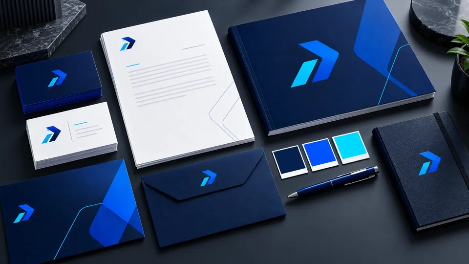Ilustração conceitual de identidade visual com papelaria e paleta em tons de azul