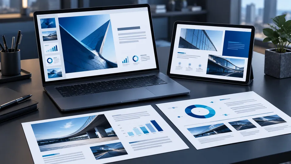 Ilustração de materiais digitais e apresentações em notebook e tablet