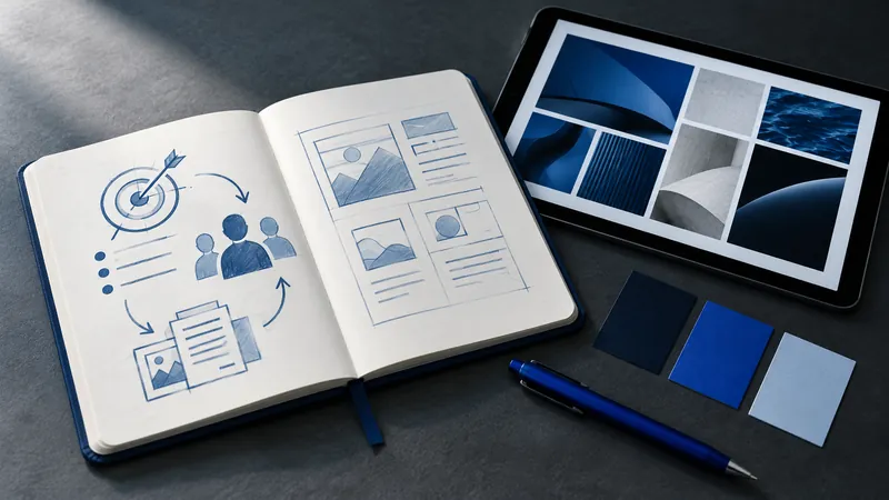 Caderno de briefing, referências visuais e paleta azul para entender o projeto