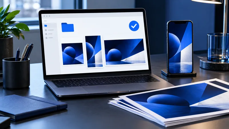 Notebook e celular com materiais digitais finalizados e organizados para entrega