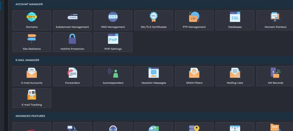 Ferramentas de domínios, DNS, SSL e e-mail no painel DirectAdmin de demonstração