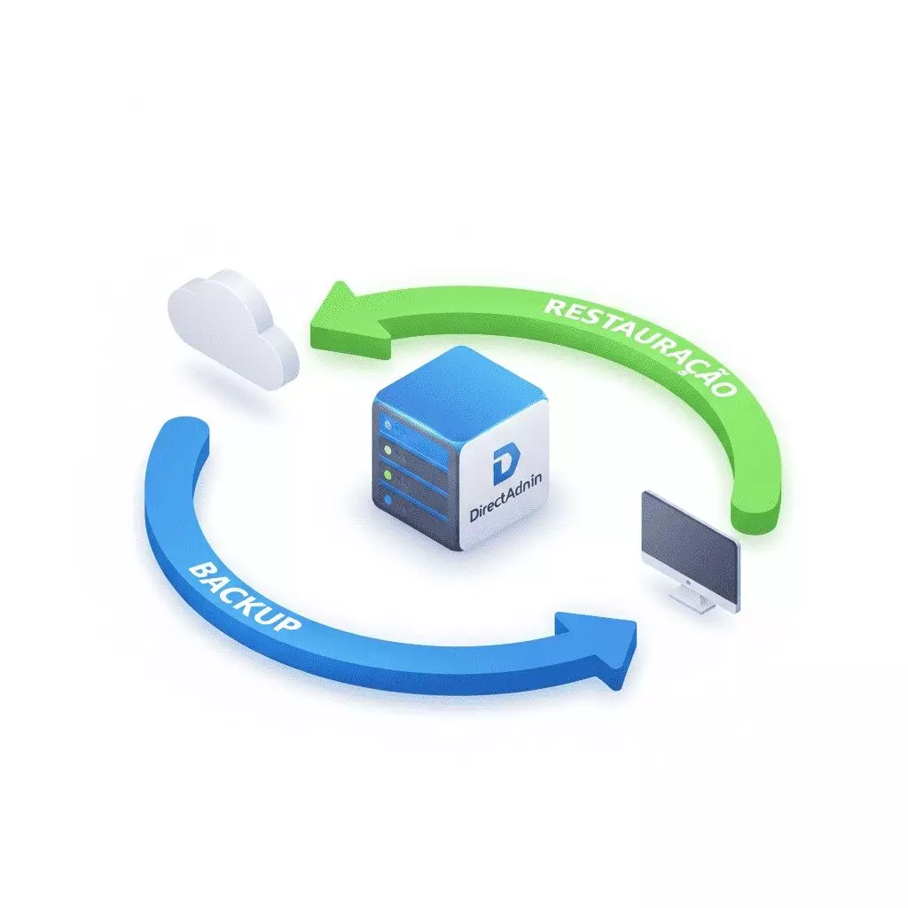Processo de criação de backup no DirectAdmin com ícones de servidor e nuvem.