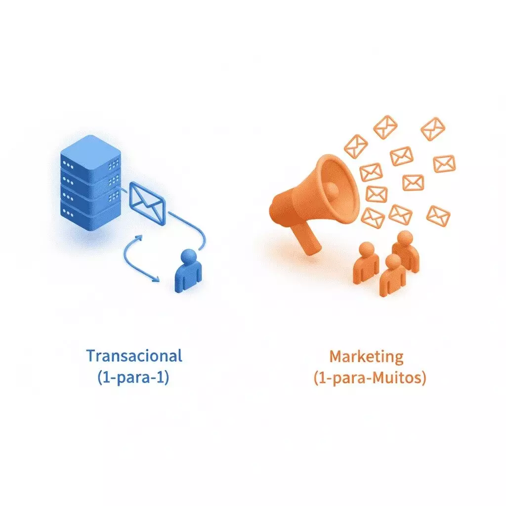 Diagrama comparando e-mail transacional e e-mail marketing.